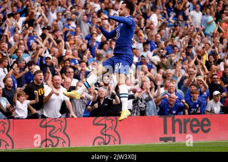 Ben Chilwell, de Chelsea, célèbre le premier but du match de sa partie lors du match de la Premier League à Stamford Bridge, Londres. Date de la photo: Samedi 3 septembre 2022. Banque D'Images