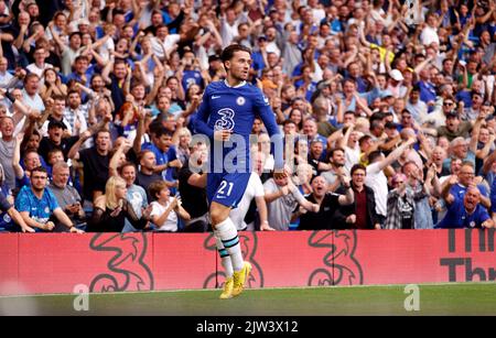 Ben Chilwell, de Chelsea, célèbre le premier but du match de sa partie lors du match de la Premier League à Stamford Bridge, Londres. Date de la photo: Samedi 3 septembre 2022. Banque D'Images