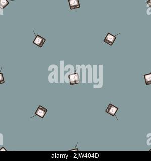 Téléviseur rétro avec antenne gravée sans couture. Téléviseur vintage de style dessiné à la main. Texture d'esquisse pour tissu, papier peint, textile, imprimé, titre, Illustration de Vecteur