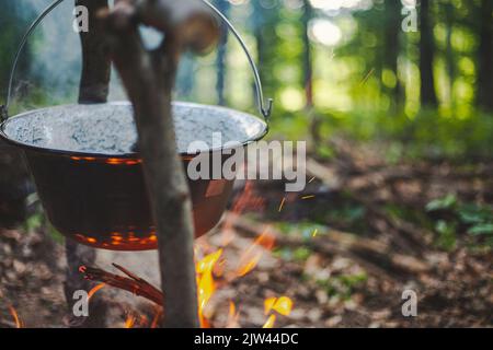 Le processus de fabrication d'une soupe dans la forêt avec un bol en acier sur le feu près de Csesznek, Hongrie Banque D'Images