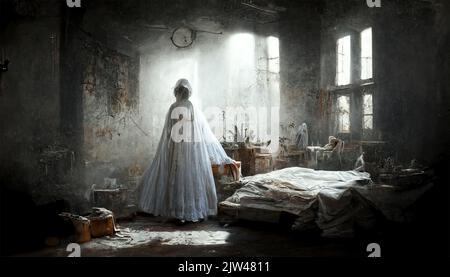 Mariée des morts, fantôme dans la maison hantée, mystérieuse femme en robe blanche debout dans le bâtiment d'abandon, arrière-plan d'horreur pour Halloween concept et livre Banque D'Images