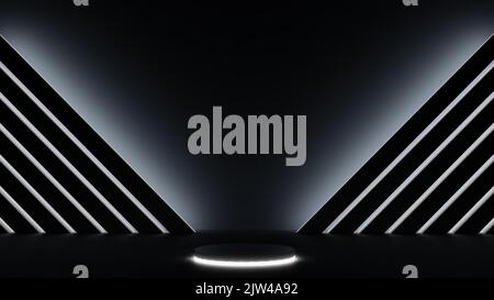 Scène lumineuse de présentation des produits en 3D, toile de fond sombre pour l'illustration de présentation des produits techniques en 3D, arrière-plan d'espace vide au néon pour la présentation Banque D'Images