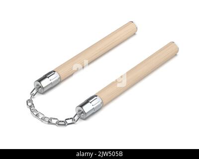 Nunchaku en bois avec chaîne sur fond blanc Banque D'Images