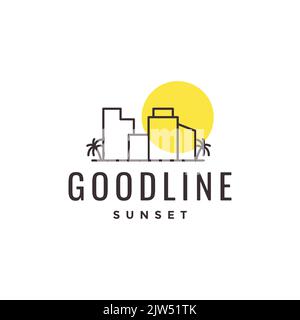 bâtiment minimaliste avec cocotier et logo coucher de soleil Illustration de Vecteur