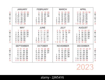 Calendrier horizontal pour 2023 ans. Grille de calendrier simple isolée sur fond blanc, du dimanche au lundi, modèle d'entreprise. Calendrier annuel prêt pour Illustration de Vecteur