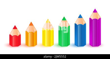 Jeu de crayons de différentes tailles et couleurs isolés sur fond blanc. Arc-en-ciel Crayons de différentes tailles Illustration de Vecteur