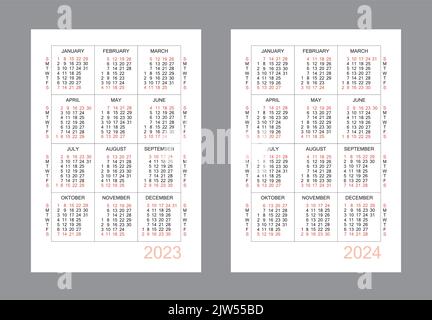 Calendrier vertical pour 2 ans - 2023, 2024. Grille de calendrier simple isolée sur fond blanc, du dimanche au lundi, modèle d'entreprise. Calendrier annuel Illustration de Vecteur