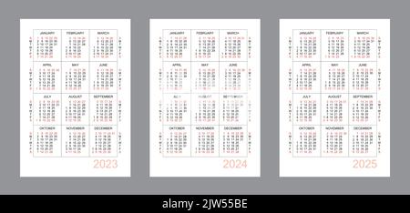 Calendrier vertical pour 3 ans - 2023, 2024, 2025. Grille de calendrier simple isolée sur fond blanc, du dimanche au lundi, modèle d'entreprise. Étalonnage annuel Illustration de Vecteur