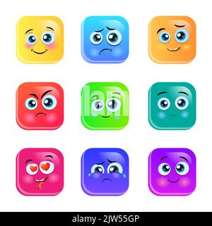 Visages amusants et brillants avec des émotions sur fond coloré. Icônes de l'application Vector pour la conception du logo du jeu. Ressources GUI isolées. Illustration de Vecteur
