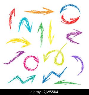 Jeu de crayons de cire dessinés à la main, flèches colorées. Éléments de conception de peinture à la main. Collection vectorielle sur fond blanc. Illustration de Vecteur