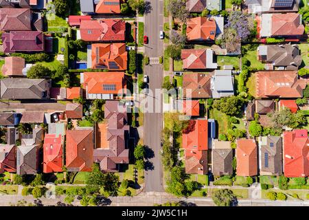 Voies d'accès, voies et rues résidentielles vertes avec des maisons individuelles sur la Basse-rive nord riche banlieue Chatswood du Grand Sydney - aérien vers le haut Banque D'Images