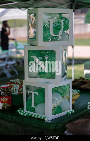 Denton, Texas, États-Unis. 03rd septembre 2022. Les fans de North Texas Mean Green ont été décorés pour le premier match de football national NCAA entre le North Texas Mean Green et les Mustangs méthodistes du Sud au stade Apogee de Denton, Texas. Ron Lane/CSM/Alamy Live News Banque D'Images