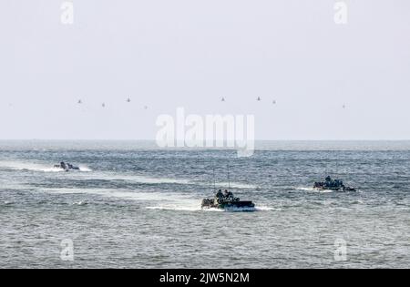 ZHANGZHOU, CHINE - le 2 SEPTEMBRE 2022 - Une brigade de l'armée sous le commandement du théâtre oriental, avec un département de la Marine, de l'Armée de l'air et Banque D'Images