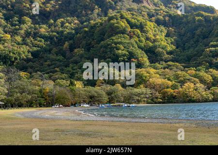 Paysage de feuillage d'automne du lac Towada par beau temps. Parc national de Towada Hachimantai, Aomori, Japon Banque D'Images