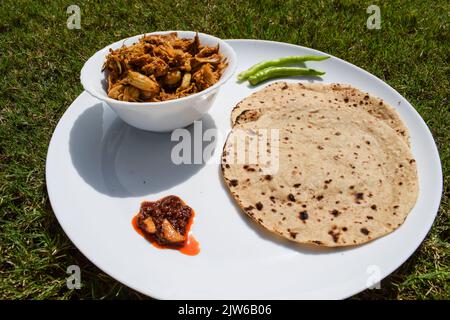 Plats indiens maison simples et savoureux pour le déjeuner. Déjeuner Roti sabji au départ de l'Inde. Chapathi au curry de jackfruit. Jackfruit ou Kathal ki sabji roti avec p Banque D'Images