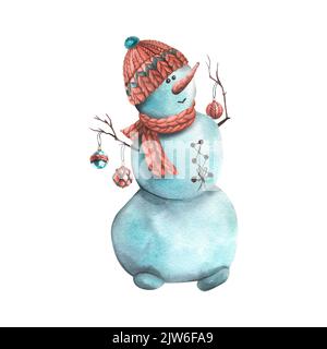 Un bonhomme de neige dans un bonnet tricoté, un foulard avec des boules d'arbre de Noël sur des branches, des jouets, sur fond blanc. Illustration aquarelle. L'isolé Banque D'Images