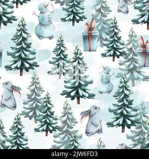 Motif hivernal sans couture sur fond blanc avec arbres de Noël, lièvres, bonhommes de neige, cadeaux. Illustration aquarelle d'un grand ensemble d'HIVER CONFORTABLE Banque D'Images