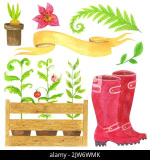 Ensemble d'illustrations aquarelle pour le jardinage. Semis, bottes en caoutchouc, fleurs et premiers verts. Pour créer des motifs, des cartes, des décors. Banque D'Images