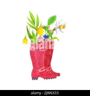 Arrangement de printemps brillant de fleurs dans les bottes rouges. Bouquet de roses et de verdure. Illustration aquarelle. Pour l'impression de cartes postales et de modèles de t-shirts Banque D'Images