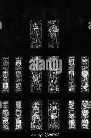 Image de la vitrail avec différentes armes de ville et provinces dans le hall de la gare de N.S. Maastricht à Maastricht. Banque D'Images