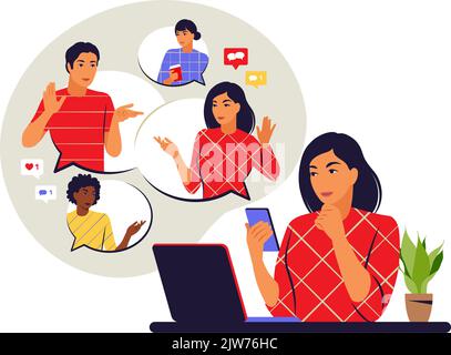 Concept de chat. Femme sur le bureau discutant avec des amis en ligne. Vidéo conférence concept, travail à distance. Illustration vectorielle. Plat. Illustration de Vecteur
