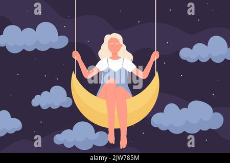 Fille assise sur la lune dans le sommeil à la nuit illustration de vecteur. Caricature jeune femme mignonne avec de longs cheveux de l'équitation croissant balançoire parmi silhouettes de nuages, fantaisie et rêves romantiques de caractère féminin Illustration de Vecteur