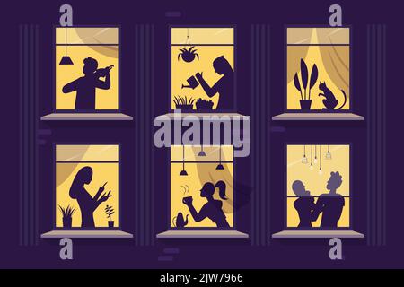 Ombres des personnes dans les fenêtres de la maison à la nuit illustration vectorielle. Caricature silhouettes sombres de fille buvant du thé et homme jouant du violon, femme tenant le téléphone, couple debout derrière le fond de rideau Illustration de Vecteur