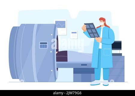 Tomographie par résonance magnétique et diagnostic de santé dans l'illustration vectorielle de l'hôpital. Caricature médecin de radiologie debout près de l'appareil d'IRM avec le patient et regardant l'image d'acquisition Illustration de Vecteur