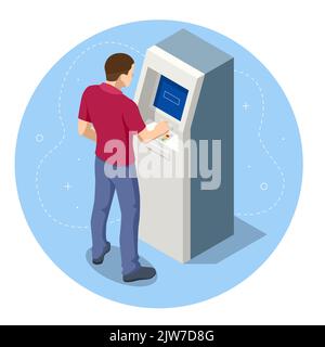 Isométriques homme en attente de l'insertion de la carte de crédit à partir de la machine ATM. Guichet automatique d'une banque. Distributeur automatique. Illustration de Vecteur