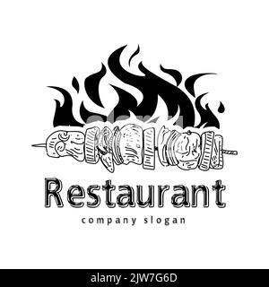 Les motifs flammes et texte ainsi que les éléments du gril bachiront le logo kebab. Illustration vectorielle. Illustration de Vecteur