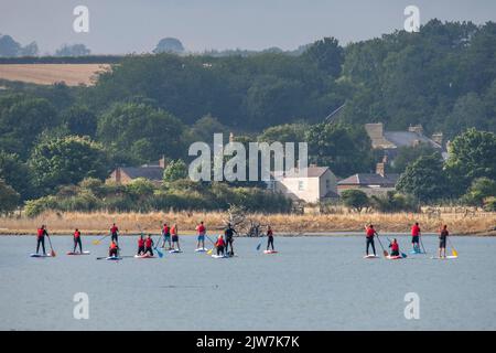 Paddle-boarders sur la rivière Coquet Banque D'Images