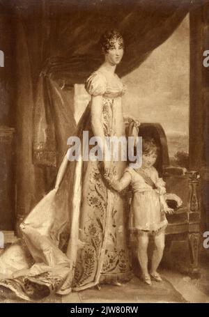 Portrait de Hortense de Beauharnais, né en 1783, consort du roi Louis Napoléon Bonaparte, Reine des pays-Bas (1806-1810), mort en 1837. Debout de la droite, avec son fils le prince Napoléon Louis. Banque D'Images