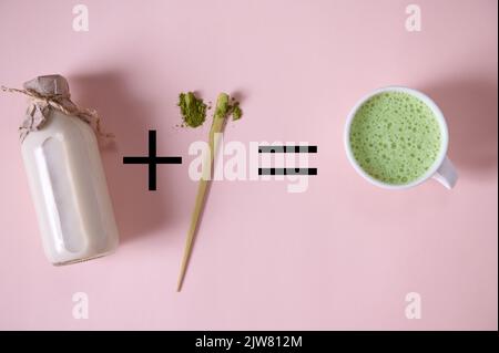 Une bouteille de lait biologique à base de plantes plus une cuillère de thé vert en poudre égale latte japonaise de matcha, sur fond rose. Banque D'Images