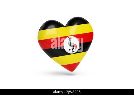 Coeur avec les couleurs du drapeau de l'Ouganda isolé sur fond blanc. 3d illustration. Banque D'Images