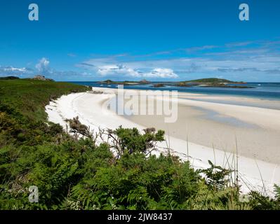 Plage de sable blanc, Blockhouse point, Tresco, îles de Scilly, Cornouailles, Angleterre, Royaume-Uni. Banque D'Images