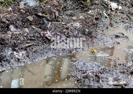 Boue liquide de déchets urbains avec reflet flou des fenêtres de la maison dans la flaque sale de l'eau Banque D'Images