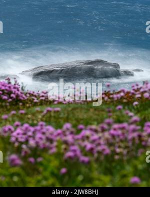 Une capture au ralenti des vagues qui s'écrasant sur les rochers au fond de la falaise de Porthleven. Banque D'Images