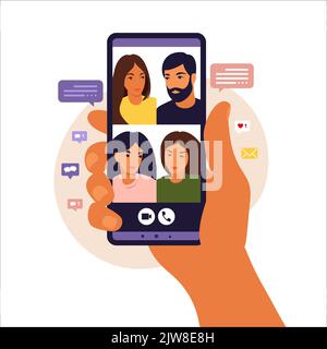 Main tenant votre smartphone pour discuter avec vos amis lors d'un appel vidéo. Vidéoconférence avec des collègues, discussion à distance. Illustration vectorielle. Style plat. Illustration de Vecteur