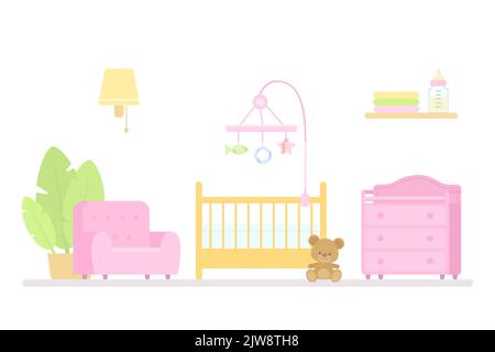Lit bébé, table à langer et fauteuil pour bébé. Concept d'intérieur. Style dessin animé plat. Illustration vectorielle Illustration de Vecteur