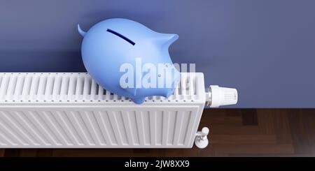 Économie d'énergie en hiver. Banc de Piggy bleu sur radiateur de chauffage avec thermostat, intérieur de maison, rendu 3D Banque D'Images