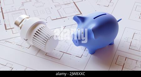 Thermostat de radiateur de chauffage et banc de pigeonny sur la conception de dessins de bâtiment. Maîtrise et économie d'énergie. 3d rendu Banque D'Images