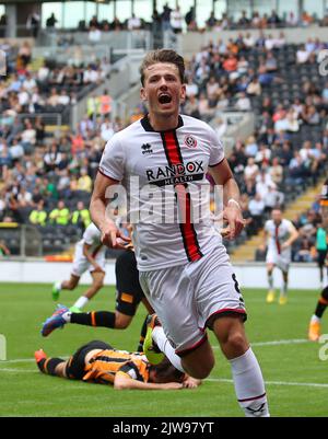 Kingston upon Hull, Angleterre, 4th septembre 2022. Sander Berge, de Sheffield Utd, célèbre le deuxième but du match du championnat Sky Bet au MKM Stadium, à Kingston-upon-Hull. Le crédit photo devrait se lire: Simon Bellis / Sportimage Banque D'Images