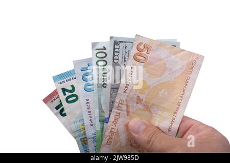 Billets de banque turcs sur fond d'euro et de dollars Banque D'Images
