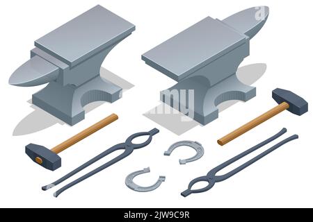 Forge isométrique, forgeron. Marteau, pinces, enclume et fer à cheval. Illustration de Vecteur