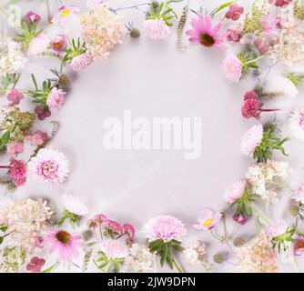 Composition créative d'automne, cadre de fleurs d'aster hydrangea sur fond de marbre gris. Automne, arrière-plan d'automne. Banque D'Images