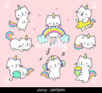 UNICORN Cat. Chats kawaii, personnages de chaton de licorns amusants. Pastel animaux mignons avec arc-en-ciel et boissons, rêve caticorne animal de compagnie bébé nowaday vecteur Illustration de Vecteur