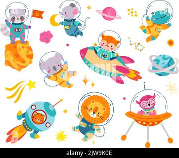 Animaux de l'espace en costume cosmonaute. Astronautes volant dans une fusée et dans un univers ouvert. Planètes, comète d'étoiles et constellation. Nowaday enfants mignons Illustration de Vecteur