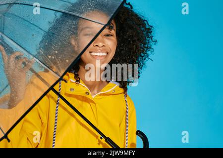 Portrait d'une femme africaine souriante avec une coiffure afro-hairstyle en imperméable jaune isolé sur fond bleu avec parapluie transparent humide Banque D'Images