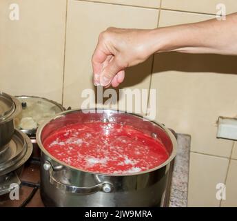 Une femme prépare du jus frais et sain à partir de tomates. Le jus de tomate fraîchement préparé est bouilli dans une casserole et conservé pour un stockage à long terme. Le régime alimentaire concep Banque D'Images