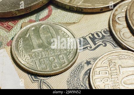 Vieux argent de l'URSS gros plan. Macro photographie de pièces rétro de l'Union soviétique, détails vintage Banque D'Images